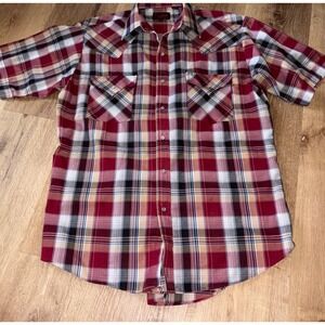 Plains‎ Western Wear Plaid Western Shirt Short Sleeve Pearl Snap Button Medium
